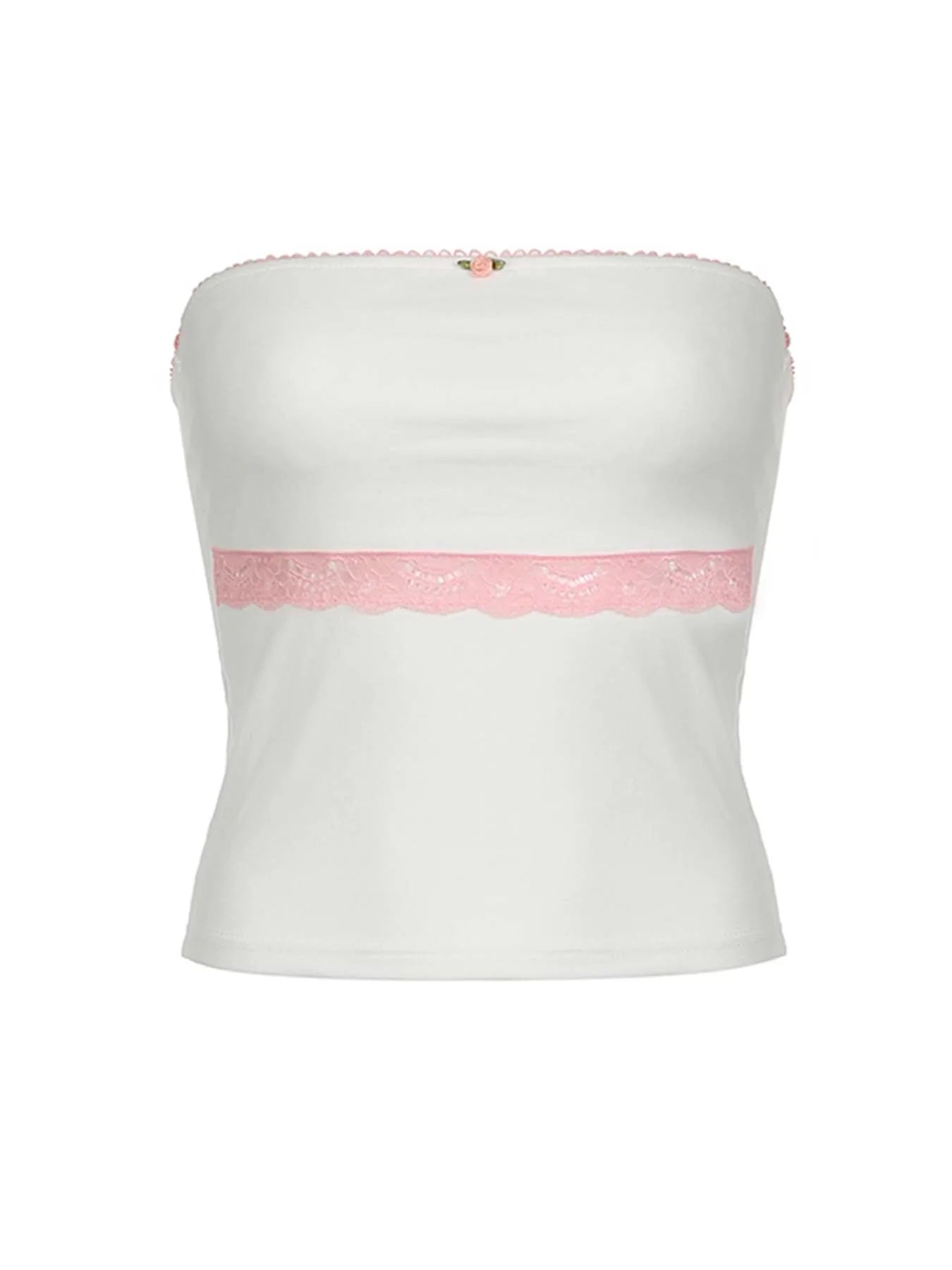 Sweet Y2K Contrast Lace Strapless White Tube Top Women 2000s Cute Kawaii Cropped Vest