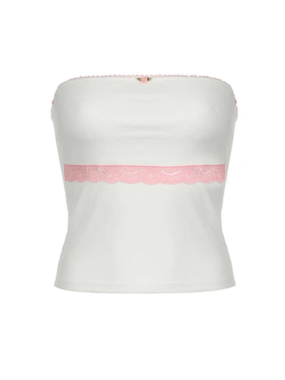 Sweet Y2K Contrast Lace Strapless White Tube Top Women 2000s Cute Kawaii Cropped Vest