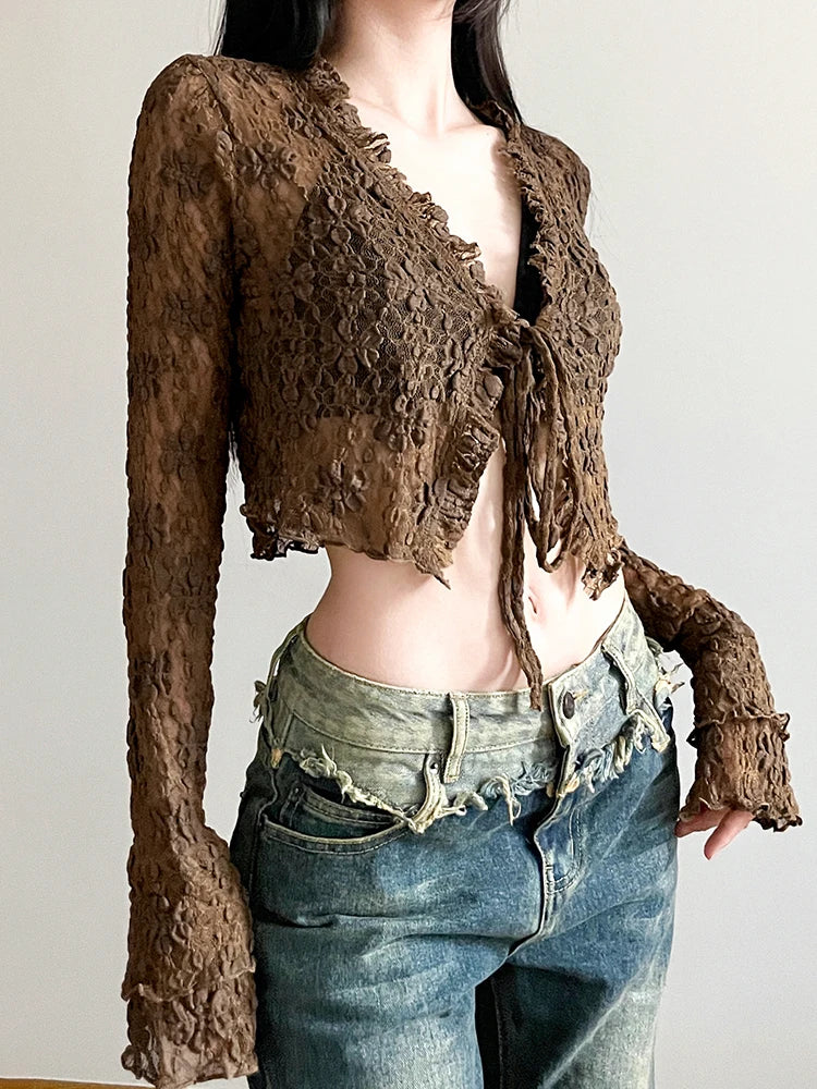 Voguable Brown Vintage Lace V-neck Tie-up Shirts for y2k Aesthetic Sweet Long Sleeve Crop Top Casual T Shirt Korean Style