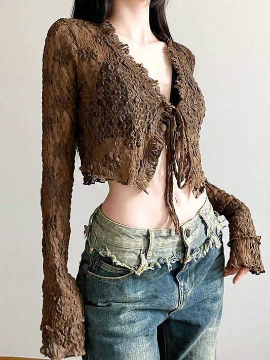 Voguable Brown Vintage Lace V-neck Tie-up Shirts for y2k Aesthetic Sweet Long Sleeve Crop Top Casual T Shirt Korean Style