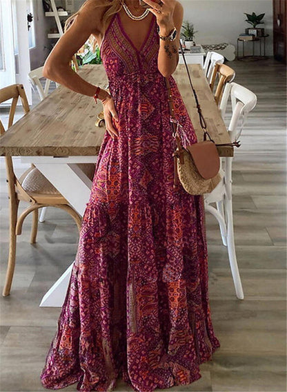 2025 Spaghetti Strap Dresses For Women Vintage Printed Bohemian Style Beach Dress Fashion Sexy V-neck Lady Maxi A-line Vestidos