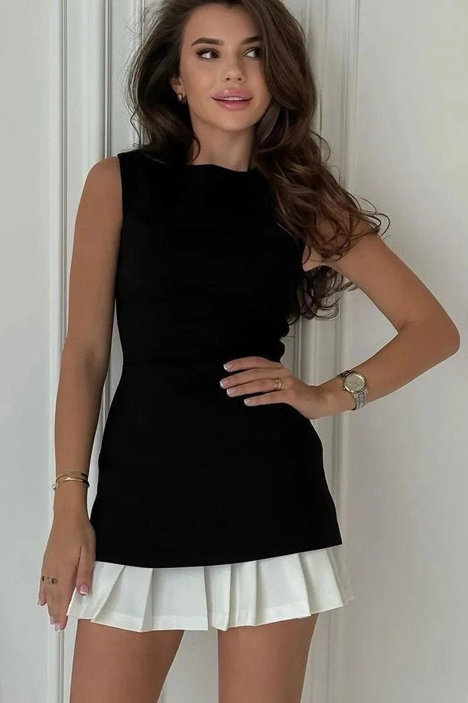 Sleeveless Pleated Patchwork Mini Dress