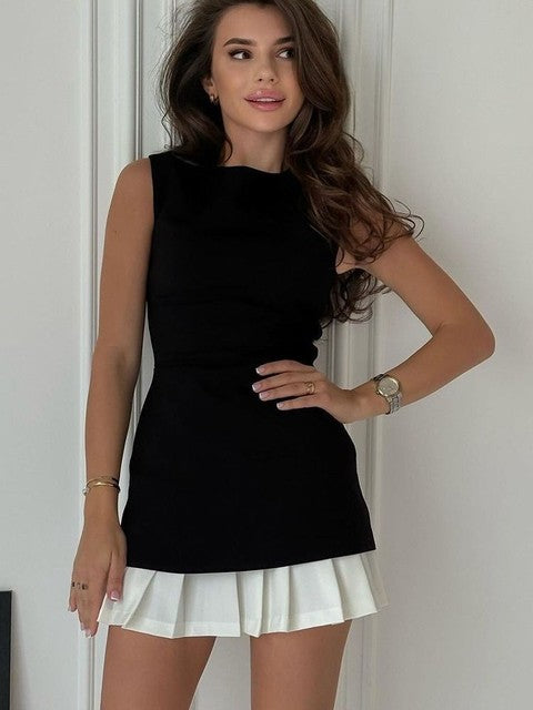 Elegant Sleeveless Slim Pleated Skirt Patchwork Dress For Women  Summer New Evening Leisure Holiday Vestidos Female