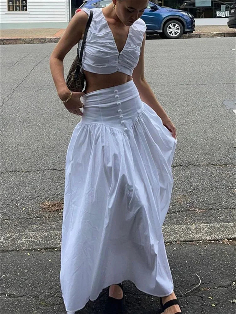 White Pleated 2 Piece-Set Maxi Skirt Women V-Neck Cropped Top And Patchwork Fashion Long Skirt Sets Ladies Solid Outfits