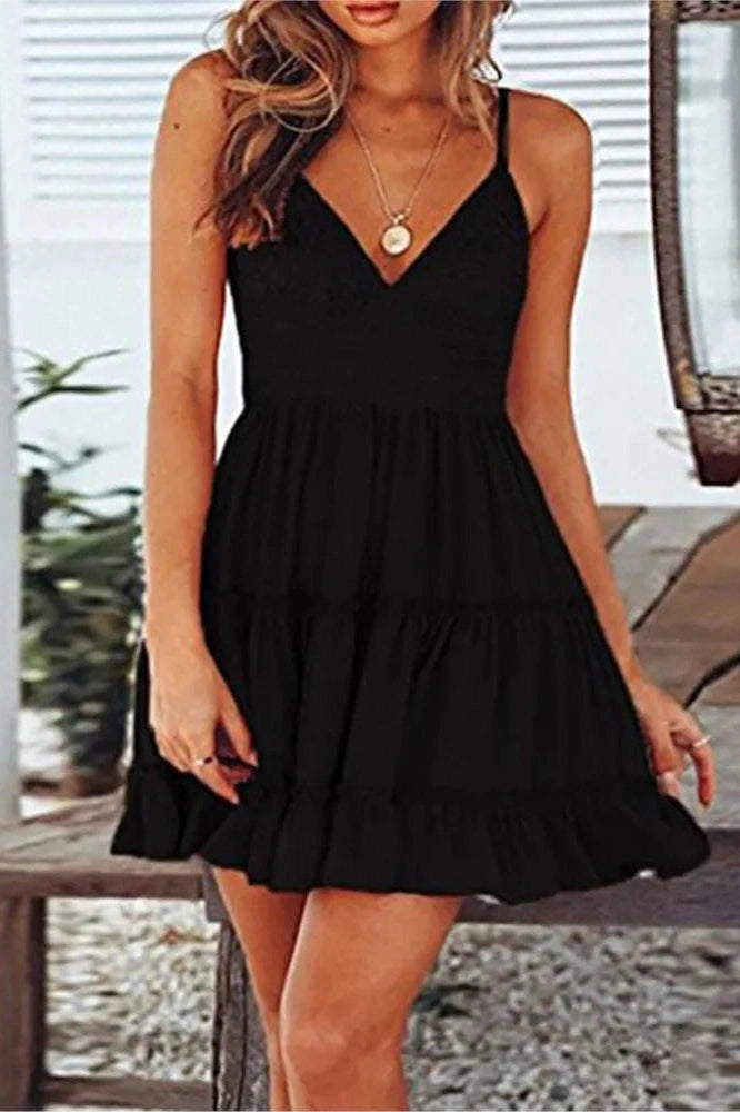V-Neck Backless Lace-Up Mini Dress with Spaghetti Straps