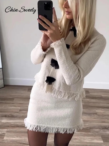 Fashion Tassel Knit Skirt Set Women Bow Buckle O-neck Long Sleeve Cardigan Sweater Mini Skirts Suit  New in Matching Outfit