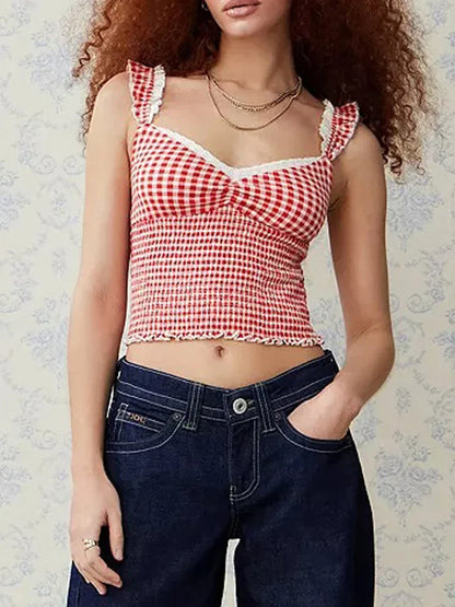 Gingham Tank Top Y2k Lace Trim Cami Top Sleeveless Plaid Camisole Coquette Shirts Cute Smocked Tops Streetwear