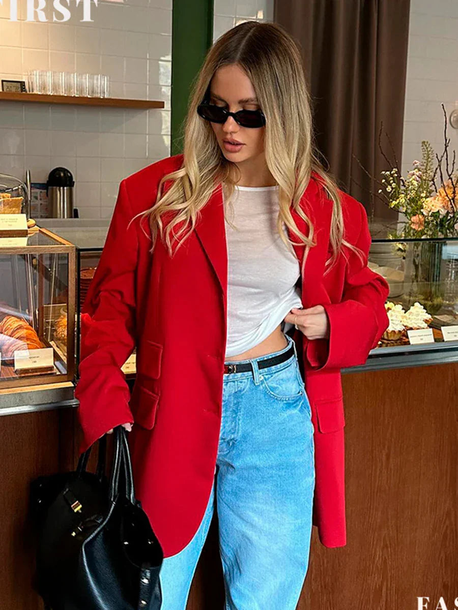 Autumn Red Fashion Blazer Women 2024 New Single Breasted Long Sleeve Pockets Outerwear Streetwear Fashion Casual Jackets Female