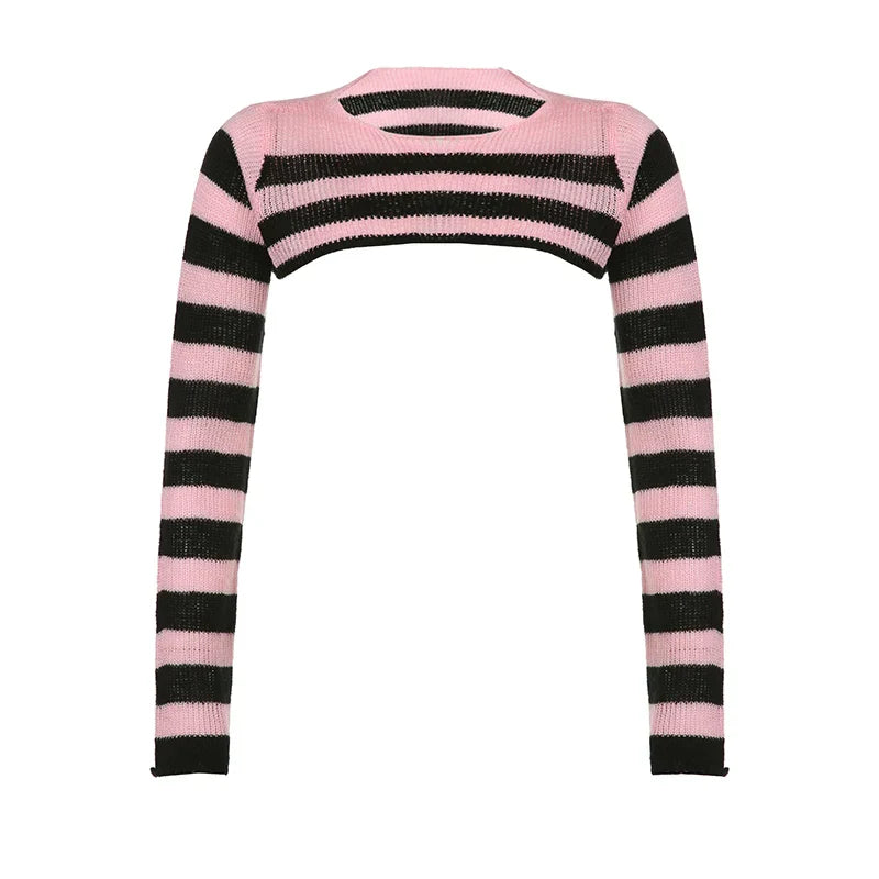 Voguable y2k Pink And Black Contrast Color Super-short Sweater Pullovers Dark Academia Cute Knitted Smock Tops Kawaii Jumper New