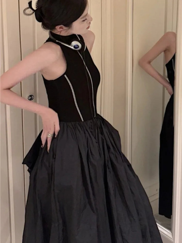 Casual Black Knitted Dresses for Women Sleeveless Vest Dress A-line Casual Korean Fashion Half High Collar Autumn New Vestido