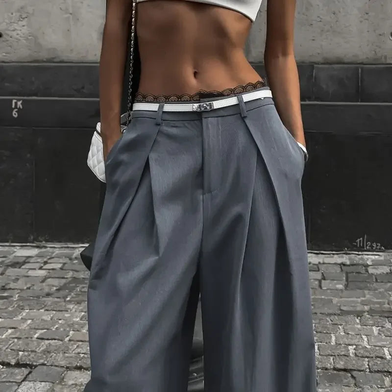 Y2k Lace Patchwork Waist Pants Women Baggy Casual Korean Fashion Office Oversize Trousers Basic Old Money Pantalones