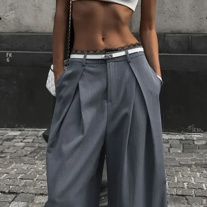 Y2k Lace Patchwork Waist Pants Women Baggy Casual Korean Fashion Office Oversize Trousers Basic Old Money Pantalones