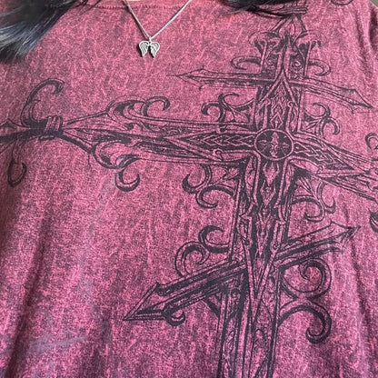 Y2K Grunge Emo Vintage T-shirt 2000s Cross Cyber Goth Patchwork Long Sleeve Tees E-girl Gothic Harajuku Loose Tops Women Men