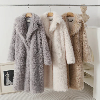 Exclusive Luxury Casual Long Faux Fur Parka Coat Women Winter  Thick Warm Fluffy Eco Lamb Fur Teddy Jacket Overcoat