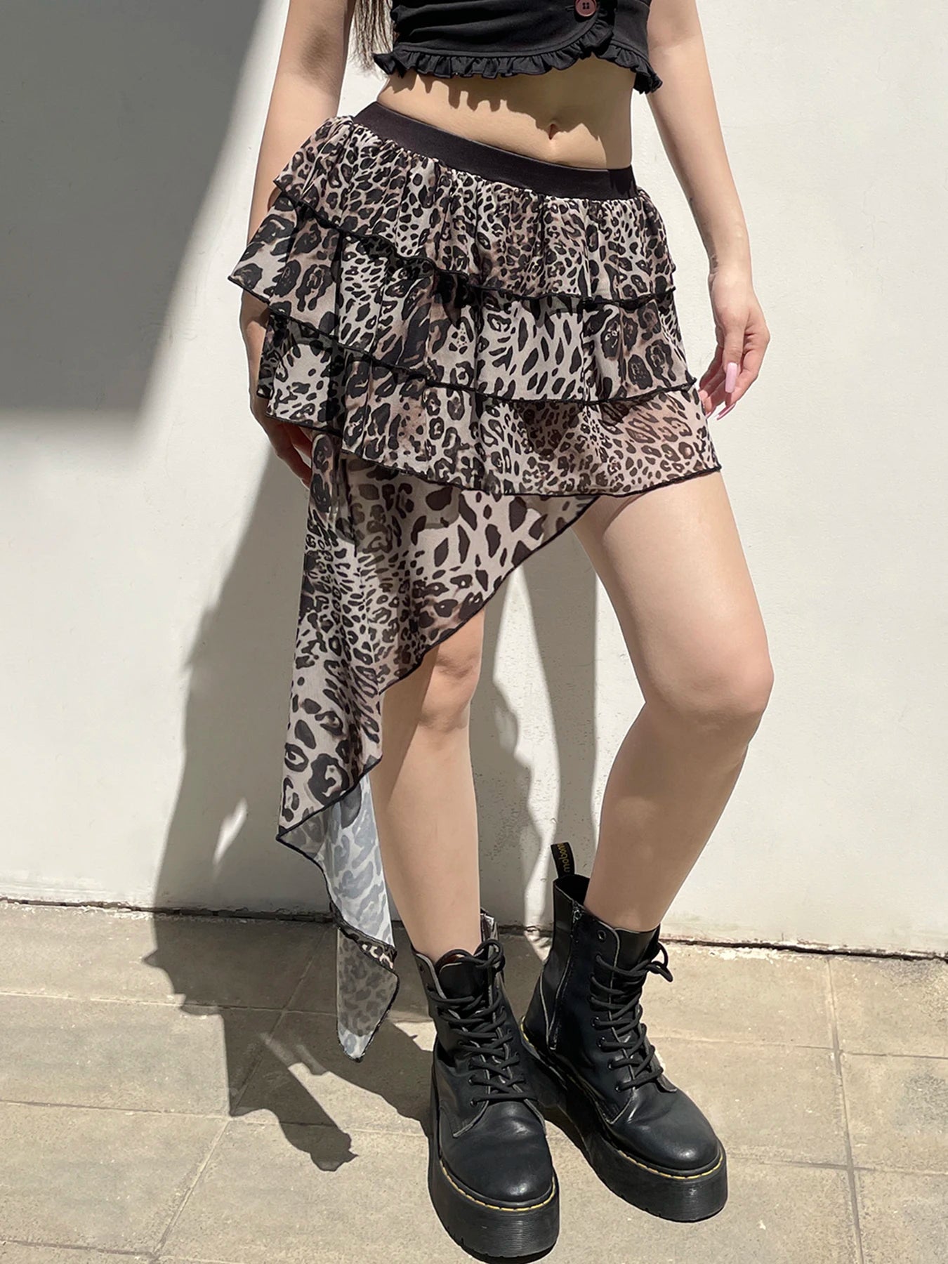 Hotsweet Irregular Tiered Cake Skirt Women Y2k Chic Leopard Print Gyaru Design Mini Skirt s New