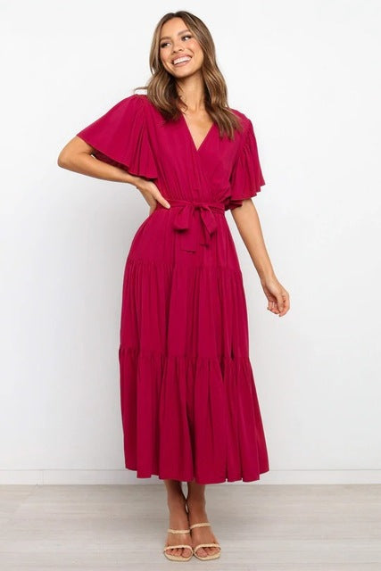 Trendy Solid Color Ruffles Long Dresses Women Sexy V-neck Ruffle Sleeves Leace-up Temperament Elegant Lady Dress 2025 Summer New