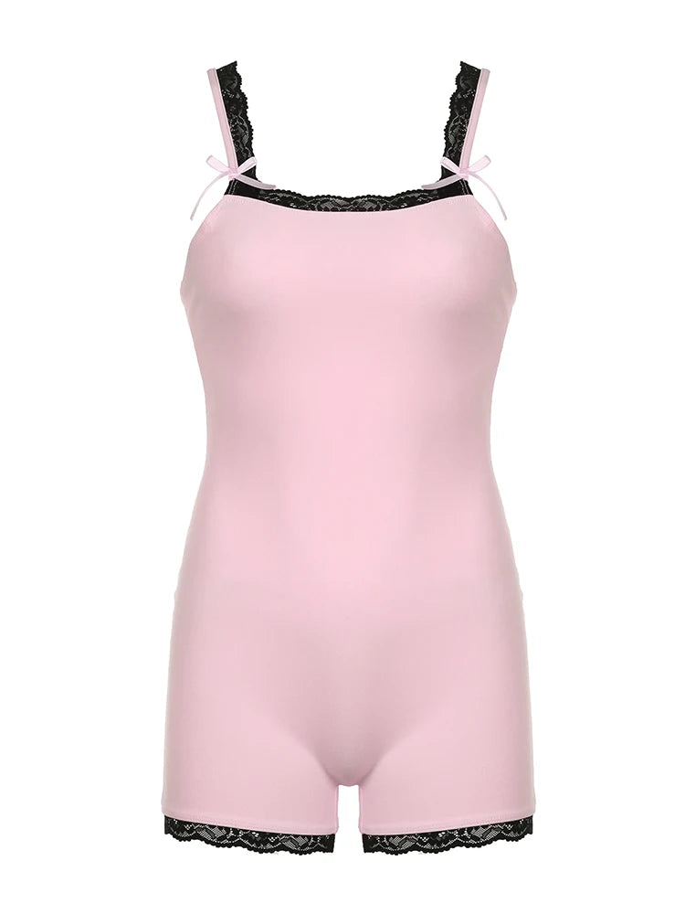 Contrast Lace Patchwork Square Collar Skinny Sexy Straps Rompers Womens Playsuits Sweet Cute Y2K Clothing