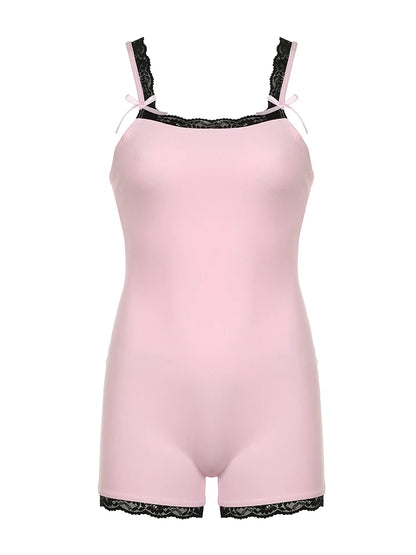 Contrast Lace Patchwork Square Collar Skinny Sexy Straps Rompers Womens Playsuits Sweet Cute Y2K Clothing