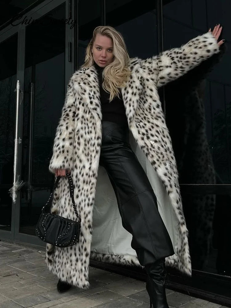 Fashion Animal Lapel Faux Fur Long Coat Women Loose Long Sleeve Pocket Lady Overcoats Autumn Winter Warm Street Thick Outwear