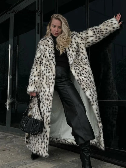Fashion Animal Lapel Faux Fur Long Coat Women Loose Long Sleeve Pocket Lady Overcoats Autumn Winter Warm Street Thick Outwear