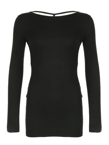 Backless Chic Fashion Skinny Sexy Long Sleeve Short Dress Women Rave Baddie Clubwear Black Solid Party Dresses