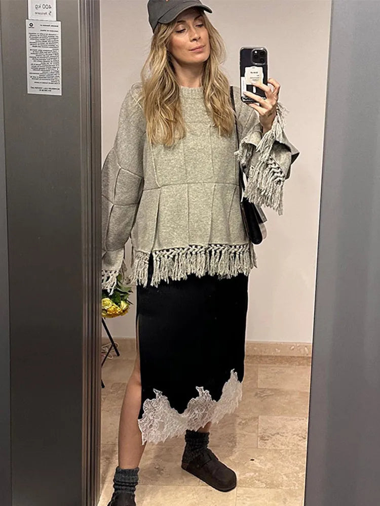 Vintage Solid Pleated Tassel Sweaters Women Casual Loose Knitted Pullover Sweater Female Autumn Chic Elegant High Street Tops
