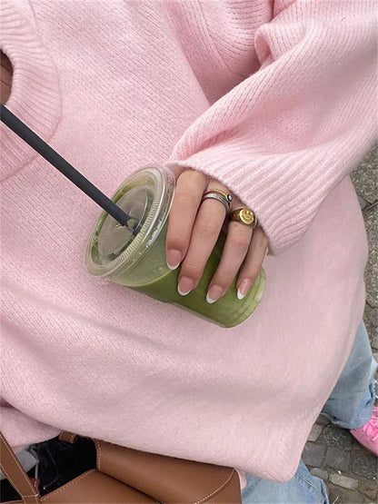 Pink Knitwear Sweater Pullover For Women Long Sleeve Fashion Loose Patchwork Cute Y2k Top Female Knit Elegant Pullover New