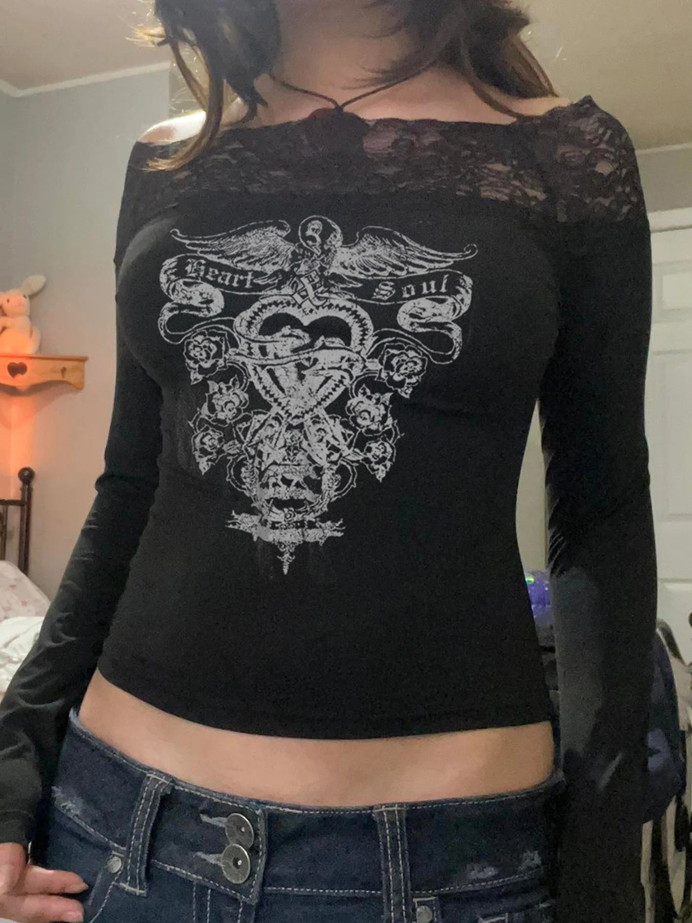 Dark Grunge Print Off Shoulder Long Sleeve Tees Lace Trim Slash Neck Skinny Y2K Black T Shirt Women