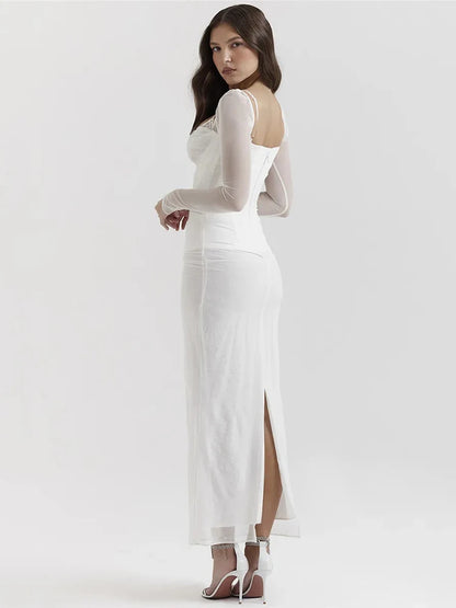 Elegant Sheer Long Sleeve Sexy Maxi Dress For Women Fashion Mesh Strapless Backless Club Party Sexy Long Dress New