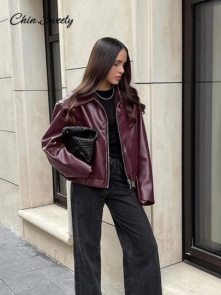 Fashion Lapel Leather Bomber Jacket Women Loose Zipper Long Sleeves Locomotive Coat  Autumn New Lady High Street Outerwear