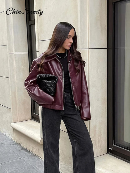 Fashion Lapel Leather Bomber Jacket Women Loose Zipper Long Sleeves Locomotive Coat  Autumn New Lady High Street Outerwear