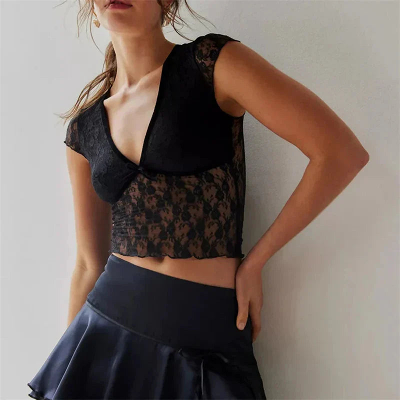 Sheer Crop Top 2000s See Through V Neck Sleeveless Floral Lace Tanks Slim Fit Vest y2k Aesthetic Clothing