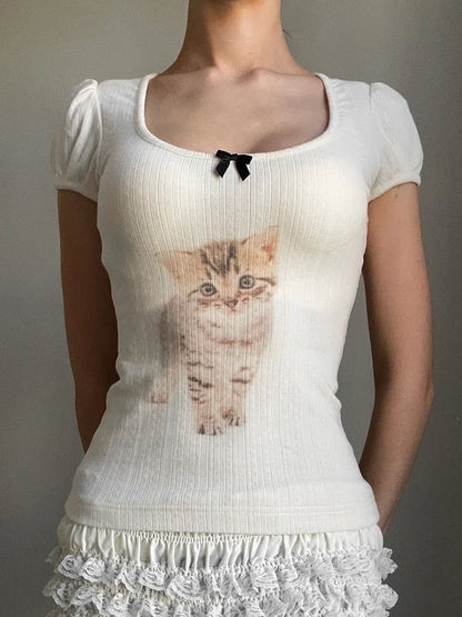 Cat Print Square Neck Slim Fit T-Shirt Crop Top