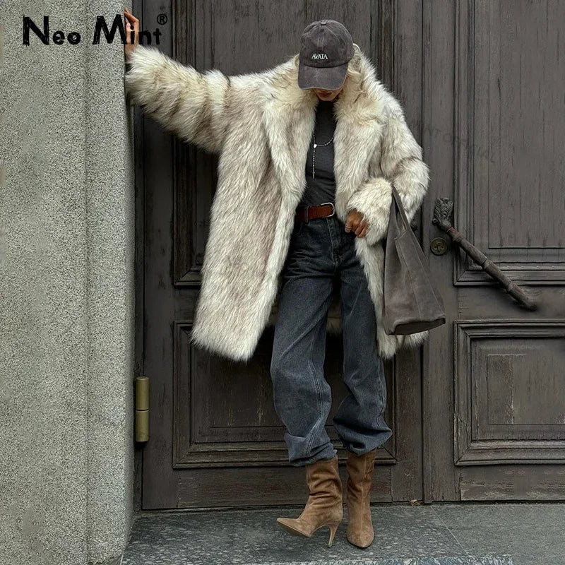 Luxury Brand Fluffy Faux Fur Jacket Women  Winter Long Thicken Warm Gradient Fox Fur Coat Streetwear Furry Overcoat