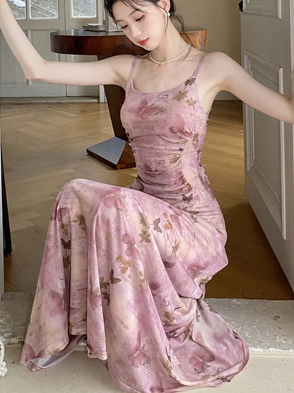 Sexy Printed Long Dresses for Women Mesh Spaghetti Strap Slim A-line Party Dress Summer Korean Fashion One Piece Vestido Mujer