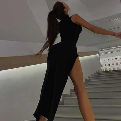 new y2k Europe and the United States cross-border fashion round neck sleeveless slim-fit slit MIDI dress women