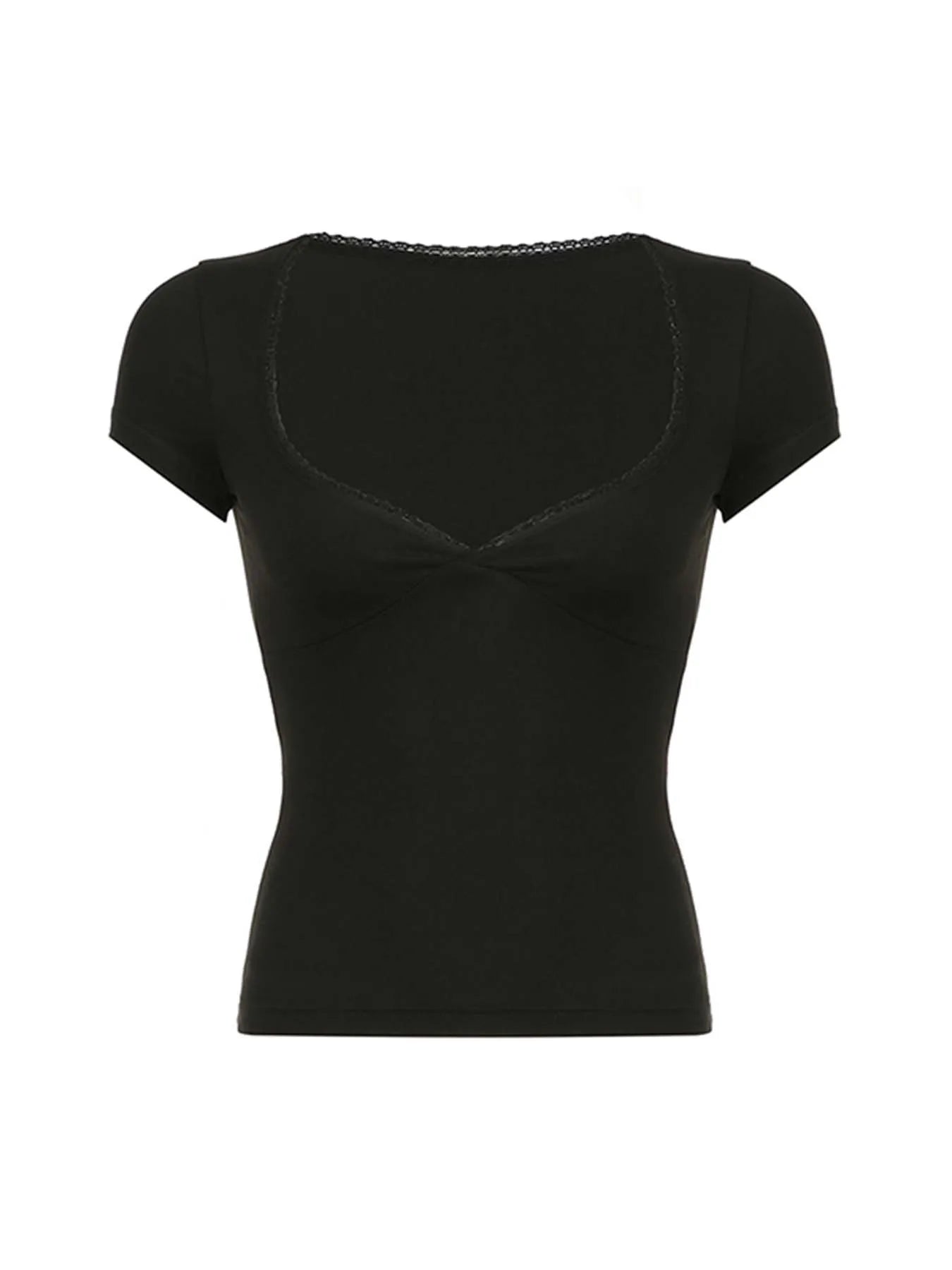 Black Solid Slim Elegant Basic Short Sleeve Tees Lace Trim Cute Y2K V Neck White T Shirts Women Summer Streetwear Tops