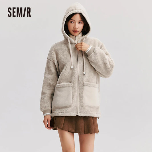 Coat Women Imitation Lamb Wool Polar Fleece Double-Sided Wear Loose  New Winter Contrast Color Simple Hooded Jacket