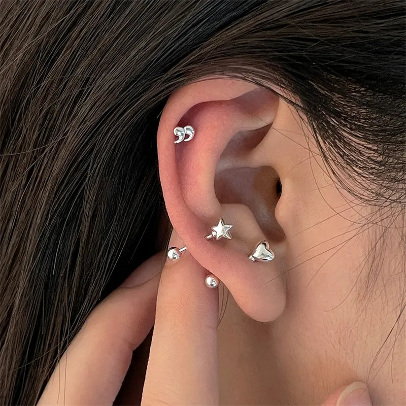 Korean Silver Color Piercing Screw Beads Star Heart Ear Bone Stud Earrings for Women Girls Simple Body Jewelry Gift