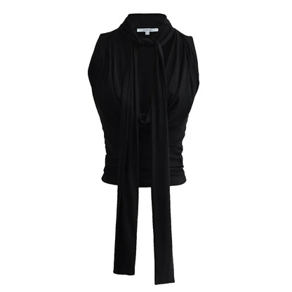 Women Sleeveless Tie Neck Plain Top JERSEY TOP WITH BOW Ruched V-neck Knot Detail Tank Top