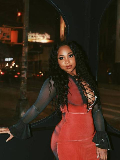 Elegant Long Sleeved Lace Up Elastic Tight Tie Dye Gradient Women Evening Dress Bodycon Sexy Female Dress Party Vestido