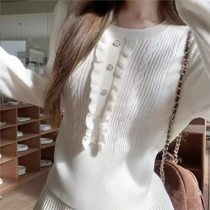 Autumn Preppy Style Knitted 2-piece Sets Women O-neck Long Sleeve Top Pleated Mini Skirt Korean Fashion Casual Outfits New Suit