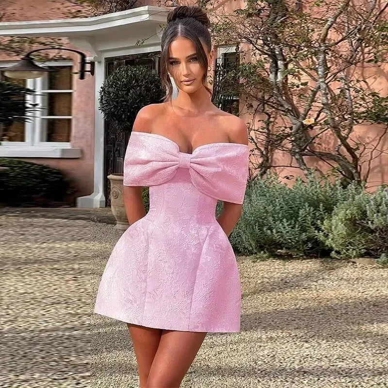 Bow Backless Jacquard A Line Mini Dress