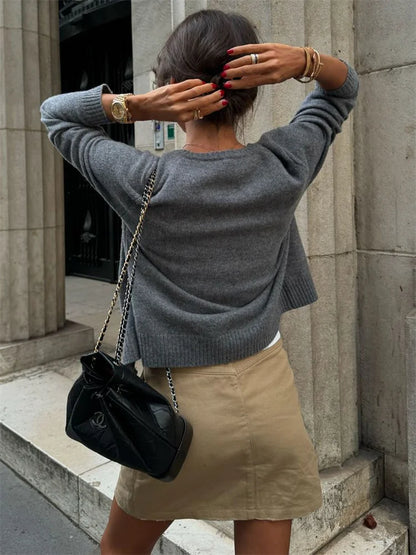 Female Sweater Knit Cardigan Coat Casual Loose Long Sleeve Patchwork Solid Scoop Neck Outwear Autumn Knitwear Coat Ladies