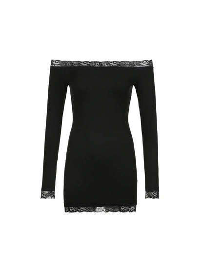 Solid Slim Lace Trim Off Shoulder Long Sleeve Black Short Dress Women Elegant Sexy Party Dresses