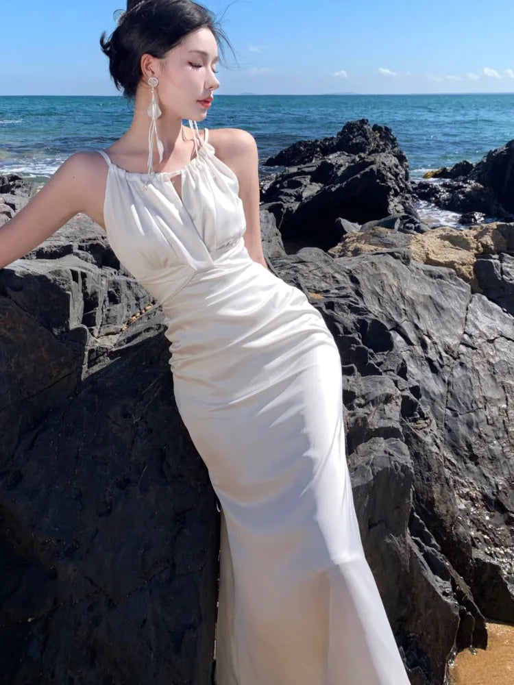 Elegant Bodycon Satin Dresses for Women Halter Sleeveless Slim Mermaid Evening Party Dress Prom Robe Summer New Vestidos Mujer