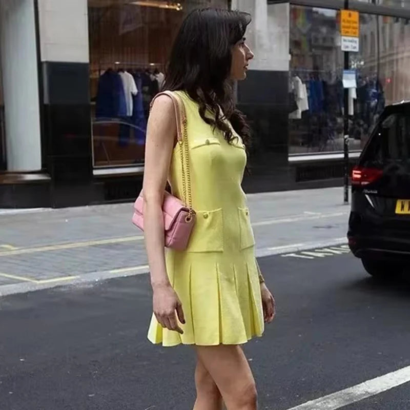 Fashion Folds Knitted Mini Dress For Women Elegant Sleeveless With Pocket Vest Dress High Waisted Clubs Party Summer