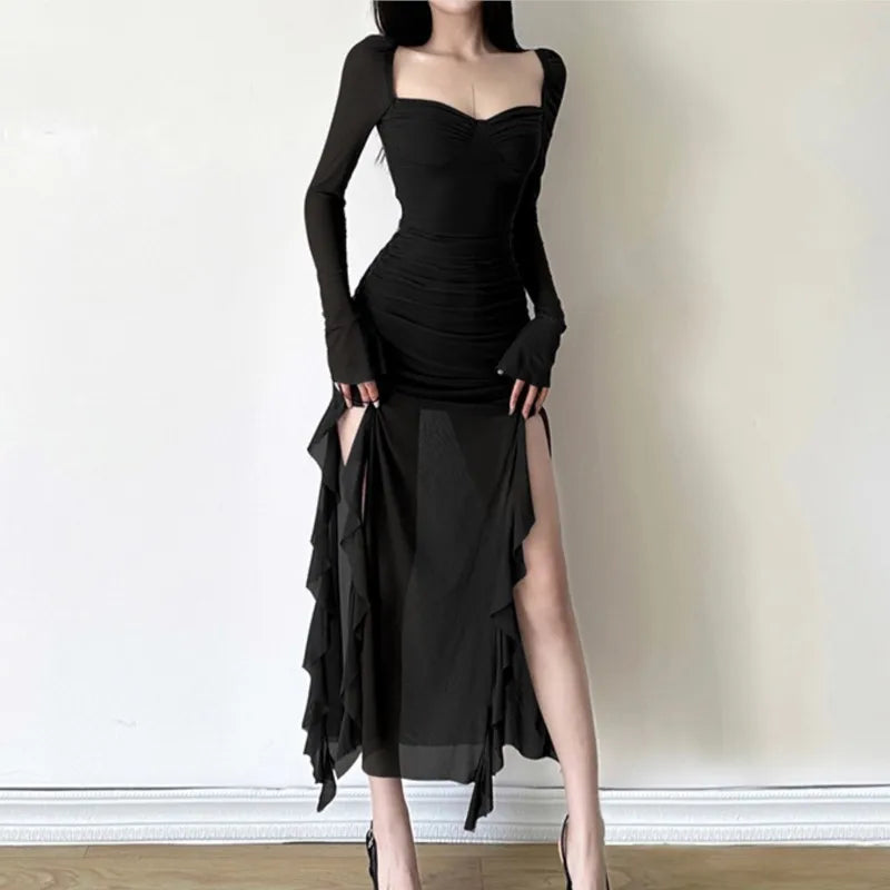 Sexy High Slit Bodycon Midi Dresses for Women Square Collar Long Sleeve Slim Evening Party Dress Club Prom Robe Y2K Vestidos New