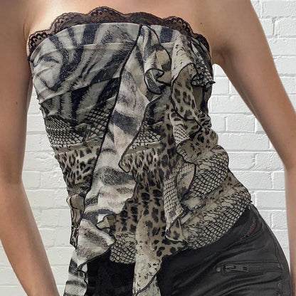 Goth Leopard Print Corset Top Ruffles Patchwork Strapless Skinny Tube Tops Harajuku y2k Cropped Top Streetwear Tees
