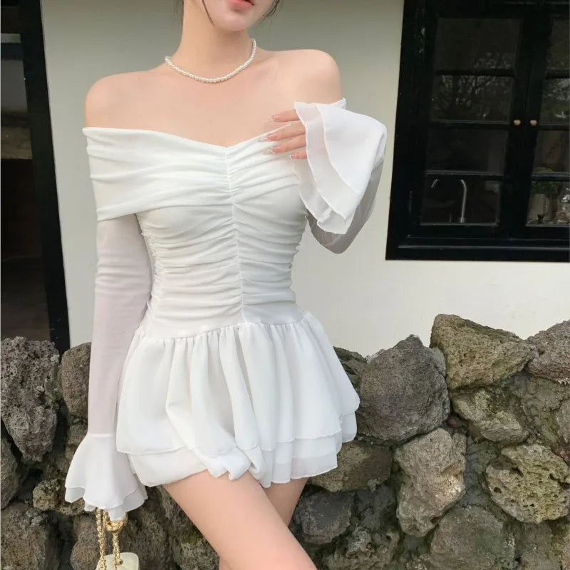 Elegant Mini White Dresses for Women Slash Neck Flare Sleeves Slim Waist Ruffles A-line Korean Fashion Short Vestidos Mujer New